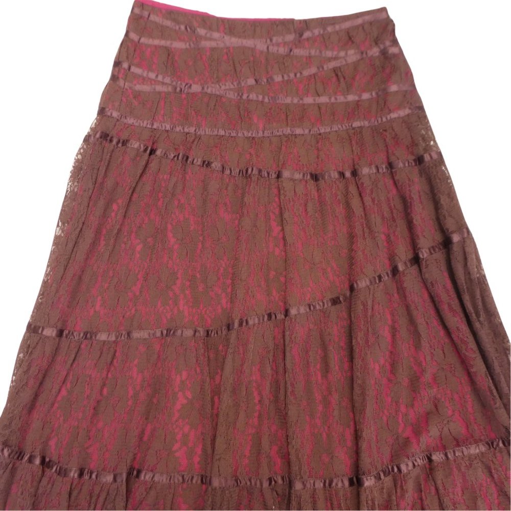 SOLD Bebe Maxi Floral Lace Overlay Skirt Burgundy Silk Ribbon Trim Raisonette - Picture 4 of 10